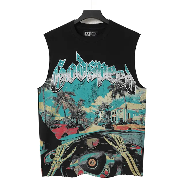 Black Graphic-Print Sleeveless Vest Top