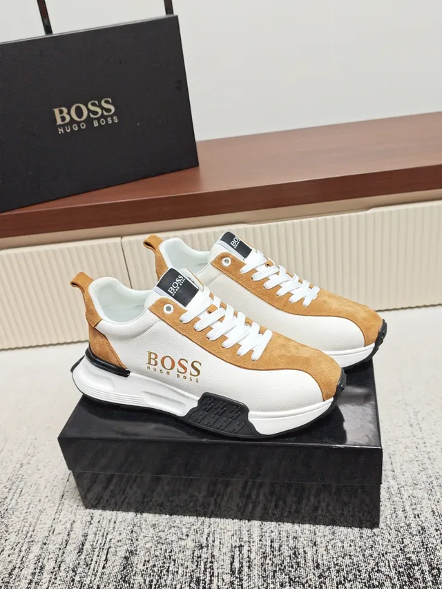 Hugo Boss White Brown Mixed-Material Upper Sculpted Midsole Sneakers