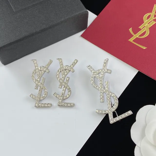 Saint Laurent Monogram Brooch Crystal-Encrusted Silver-Tone YSL Brooch