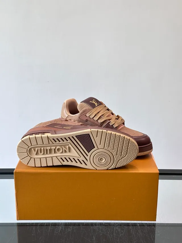 Louis Vuitton LV Trainer Brown Beige Layered Mesh And Leather Upper Monogrammed Strap Overlays Lifestyle Sneakers