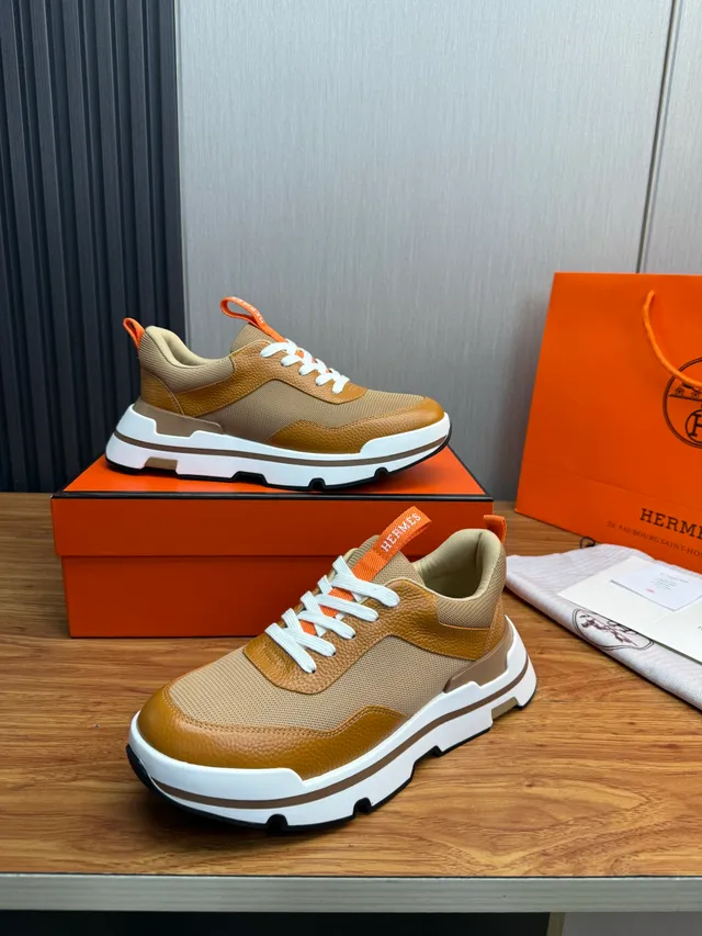 Hermès Beige Brown Mixed-Material Upper Layered Chunky Sole Sneakers