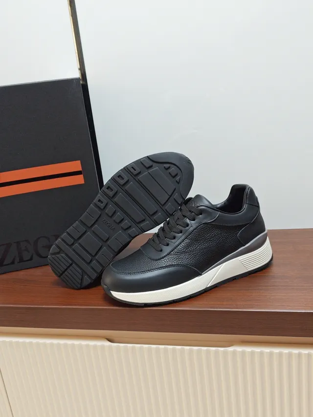 Zegna Black White Pebbled Leather Upper Contrast Layered Midsole Sneakers