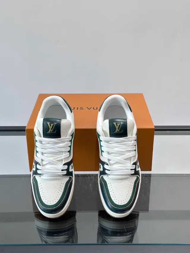 Louis Vuitton LV Trainer White Green Layered Leather Panels Perforated Toe Cap Lifestyle Sneakers