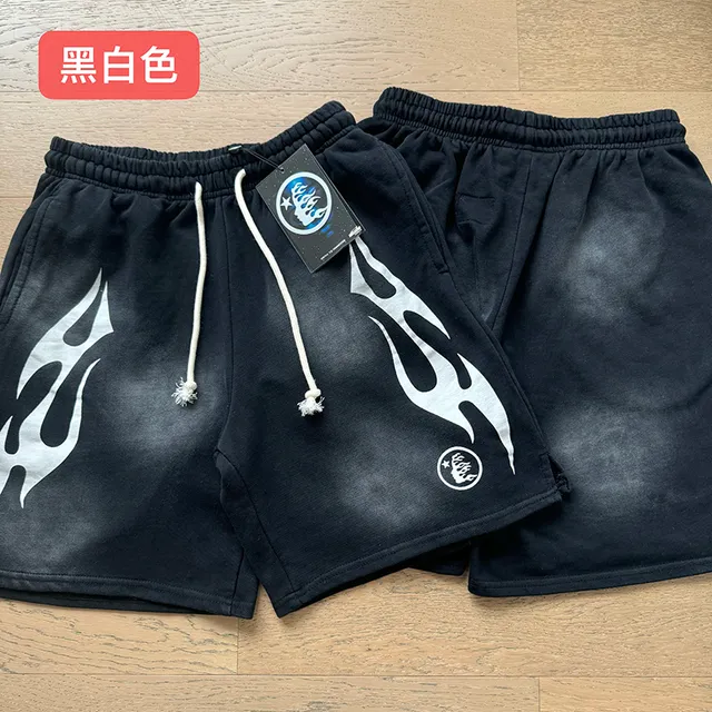 Black Gradient Flame Graphic Drawstring Waist Shorts