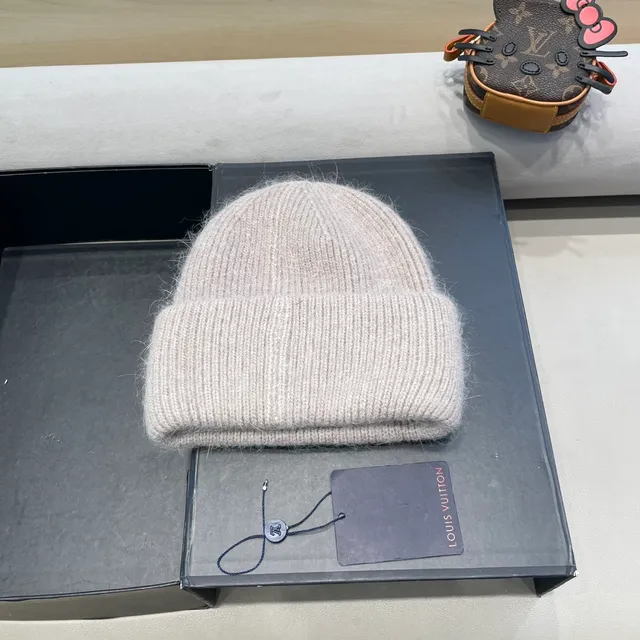 Louis Vuitton Logo Patch Beige Ribbed Knit Beanie