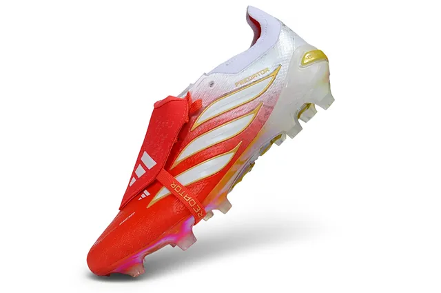Adidas Predator Red White Laceless Strap Closure Iridescent Translucent Heel Cage Firm-Ground Soccer Shoes