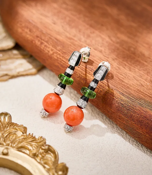 Orange Green Beaded Drop Multi-Stone Earrings