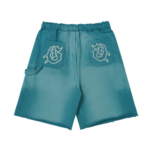 Purple Blue Elastic Waist Patch Pockets Shorts