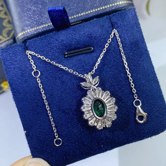 Green Silver Oval-Cut Gemstone Halo Pavé Setting Necklace
