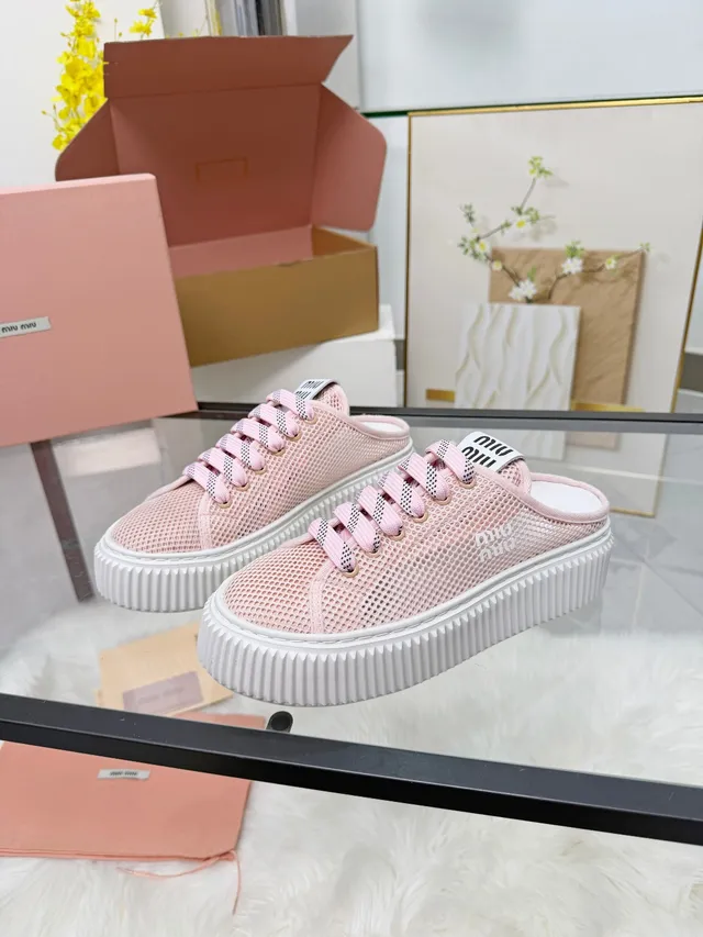 Miu Miu Platform Sneaker Pink White Mesh Upper Ridged Sole Lifestyle Sneakers