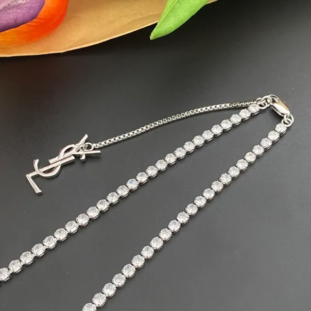 Saint Laurent YSL Chain Silver White Pavé-Set Stone Monogram Clasp Necklace