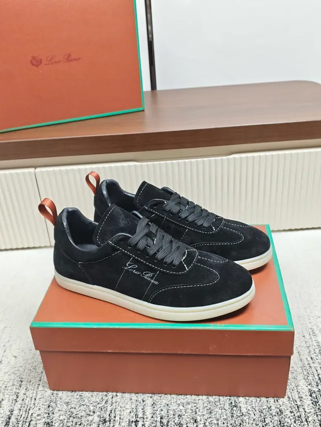 Loro Piana Black Suede Embroidered Logo Lifestyle Sneaker
