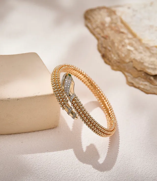 Bvlgari Serpenti Gold Green Coiled Serpentine Beaded Texture Bracelet