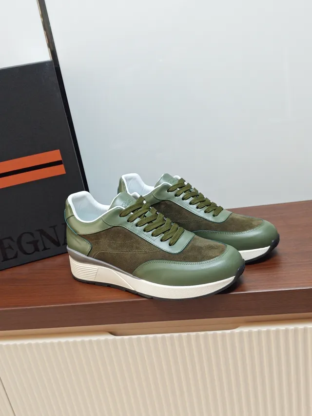 Zegna Olive Green Suede and Leather Layered Midsole Lifestyle Sneaker