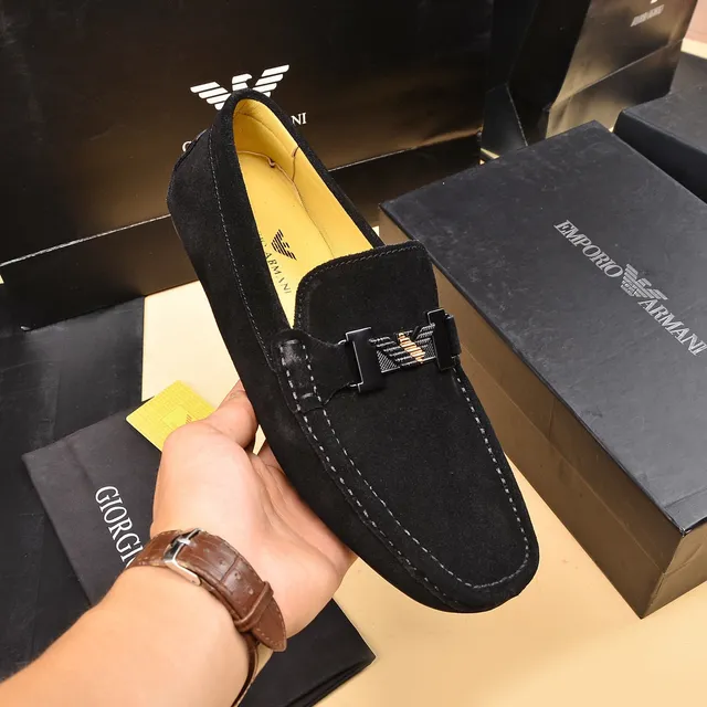 Giorgio Armani Black Yellow Suede Upper Metal Buckle Detail Loafer