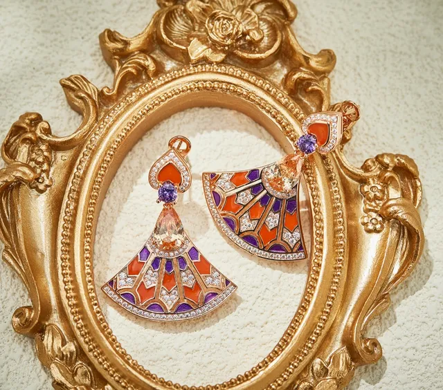 Fan-Shaped Enamel and Gemstone Drop Earrings