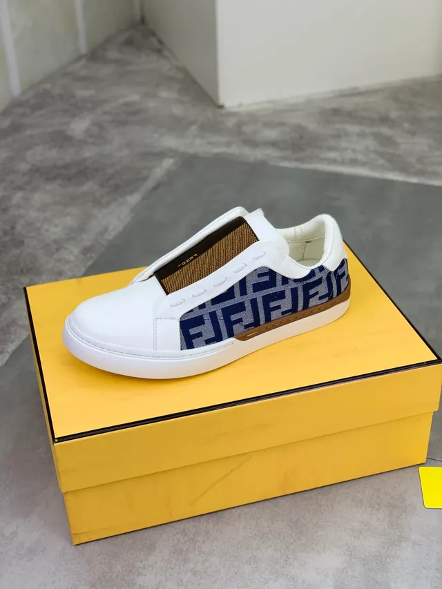 Fendi FF Logo Slip-On White Navy Brown Lifestyle Sneaker