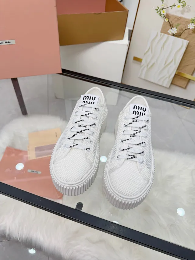 Miu Miu Platform Sneakers White Mesh Upper Ridged Sole Lifestyle Sneakers
