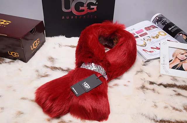 UGG Red Silver Faux Fur Sequined Band Scarve