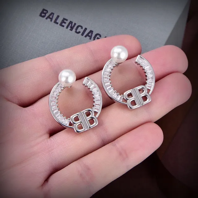 Balenciaga BB Pearl Hoop Gold Silver C-Shaped Double-B Monogram Earrings