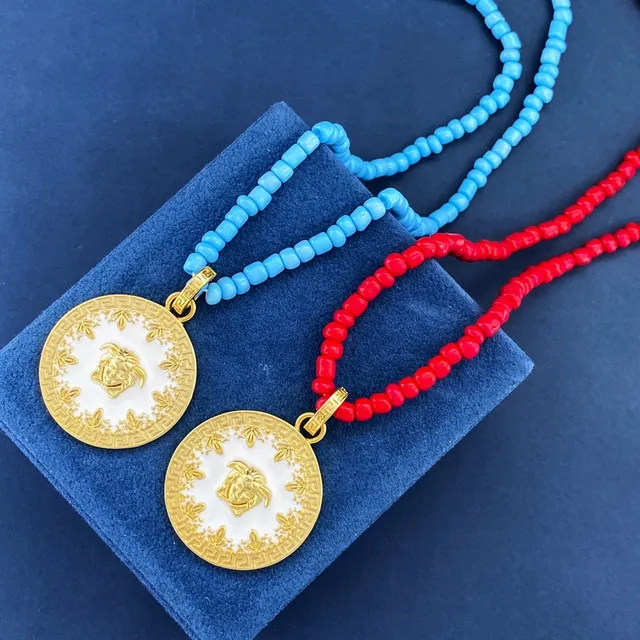 Versace Medusa Icon Red Gold Beaded Chain Pendant Necklace