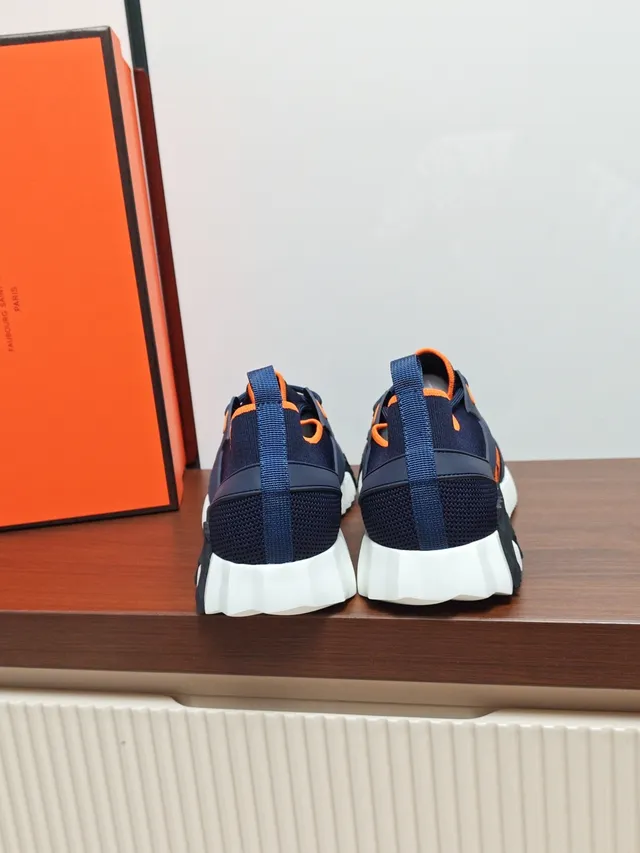 Hermès Navy and Orange Knit Sneaker