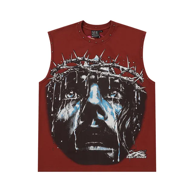 SAINT-SINNER Burgundy Black Graphic-Print Studded Shoulders Vest Top