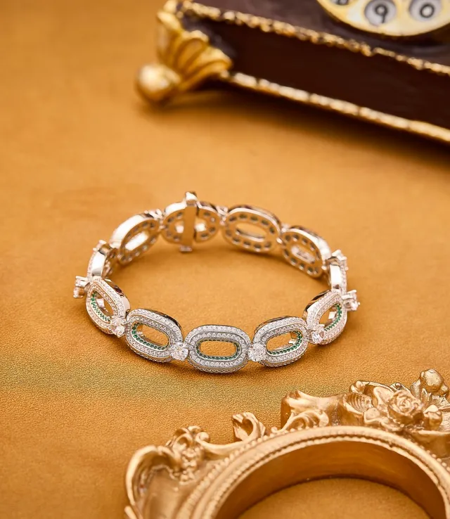 Silver-Tone Pavé and Emerald Green Linked Bracelet