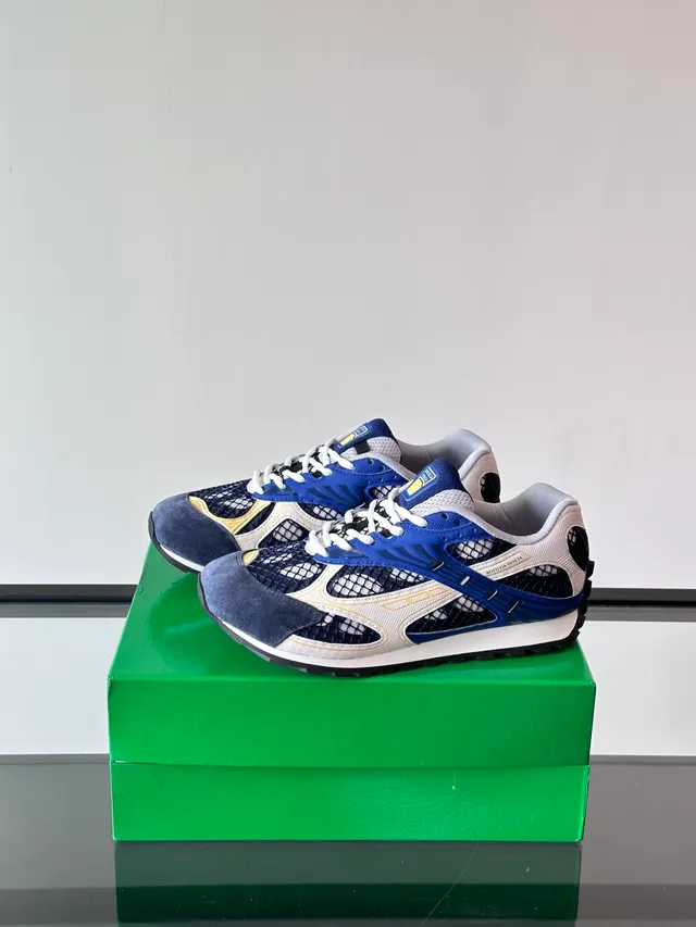 Bottega Veneta Andiamo Navy White Mesh-Suede Hybrid Upper Layered Synthetic Overlays Lifestyle Sneakers