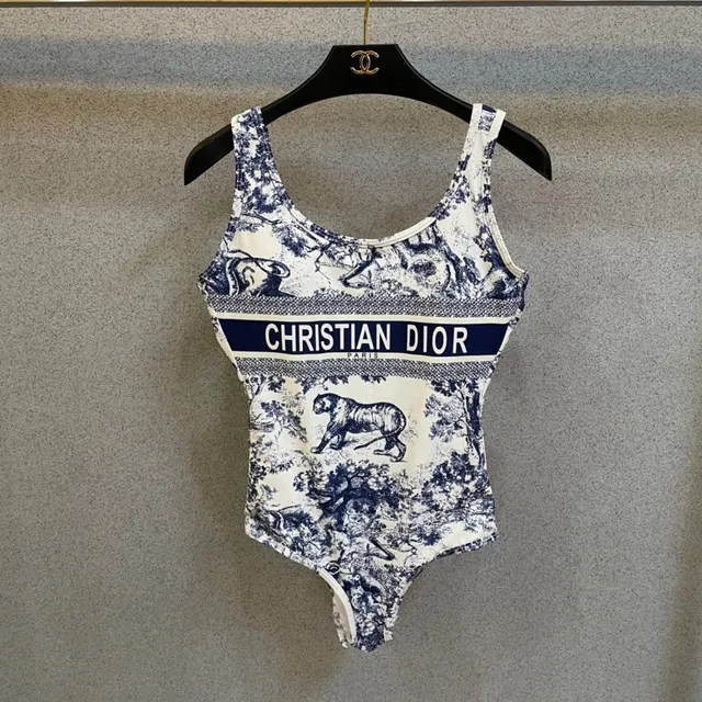 Christian Dior White Blue Toile-Print High-Cut Swimwear