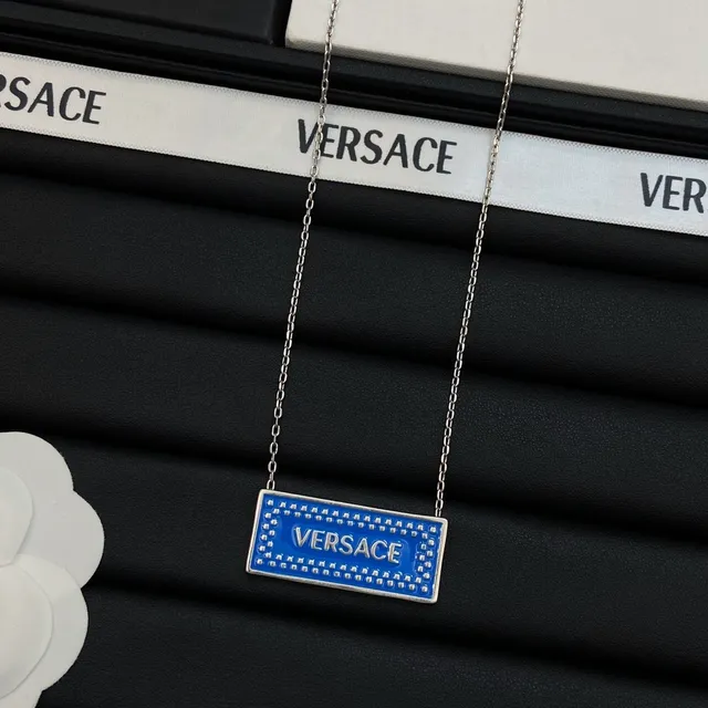Versace Plaque Necklace Blue Pink Rectangular Enamel Studded Border Necklace