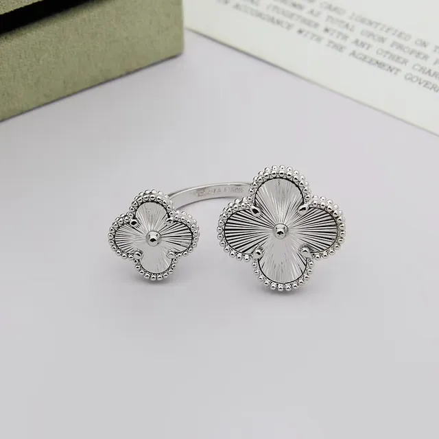 Van Cleef & Arpels Alhambra Gold Silver Four-Leaf Clover Motif Beaded Edge Ring