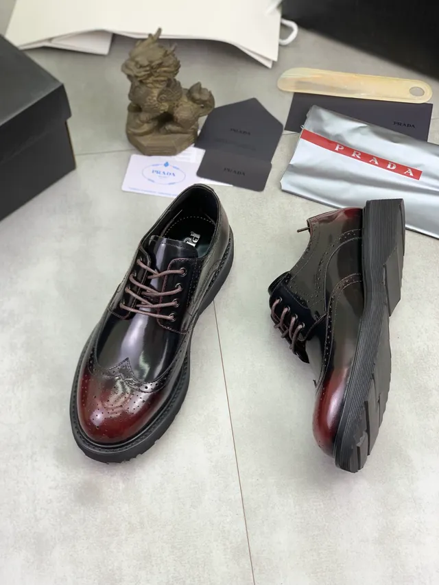Prada Burgundy Black Two-Tone Polished Leather Wingtip Brogue
