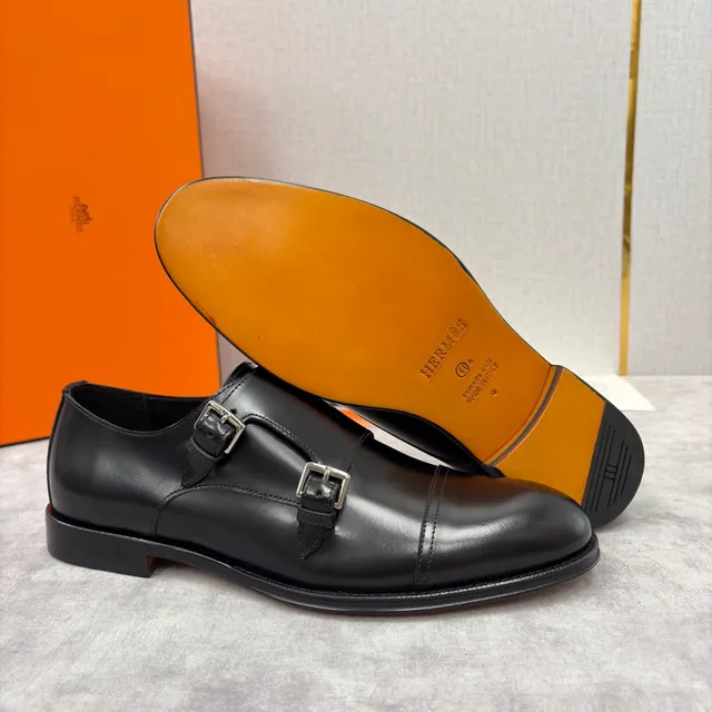Hermès Double Monk Strap Cap Toe Black Leather Monk Shoes