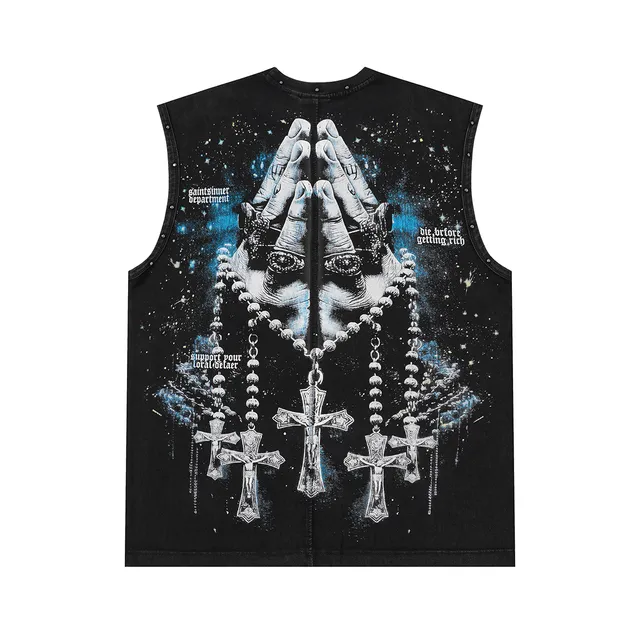 SAINT-SINNER Burgundy Black Graphic-Print Studded Shoulders Vest Top