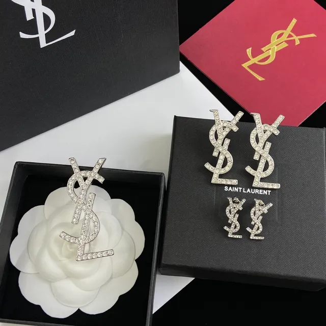 Saint Laurent Monogram Brooch Crystal-Encrusted Silver-Tone YSL Brooch