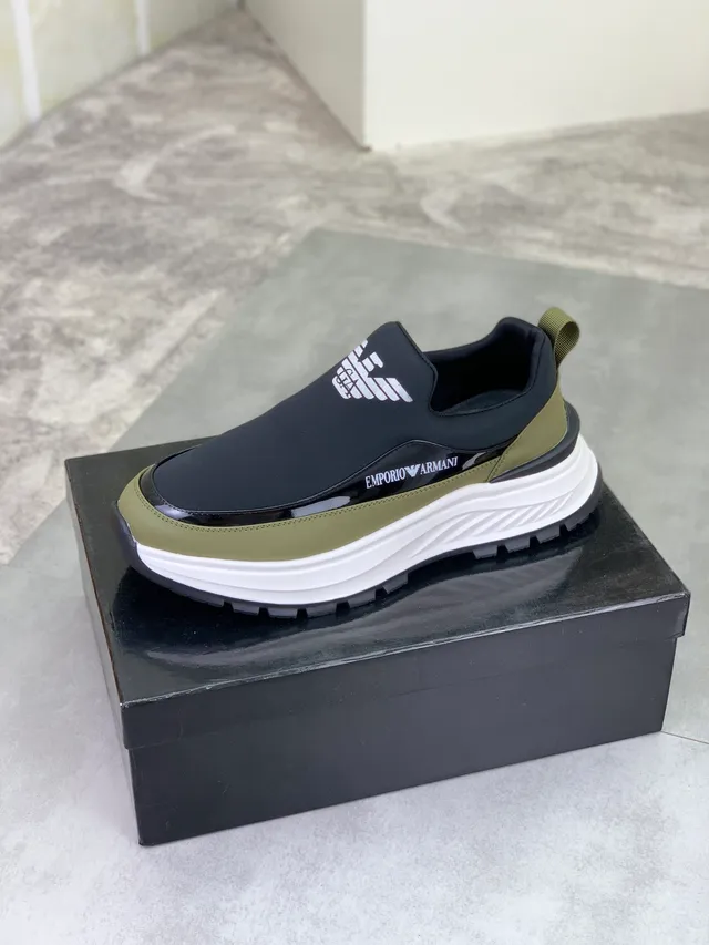 Giorgio Armani Black Army Green Slip-On Elastic Upper Lifestyle Sneakers