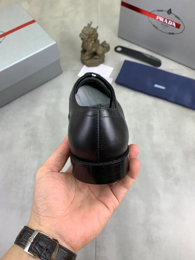 Prada Black Polished Leather Cap Toe Oxford Shoes