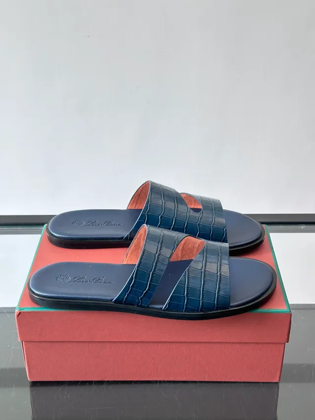 Loro Piana Croc-Embossed Two-Strap Slide Casual Sandals