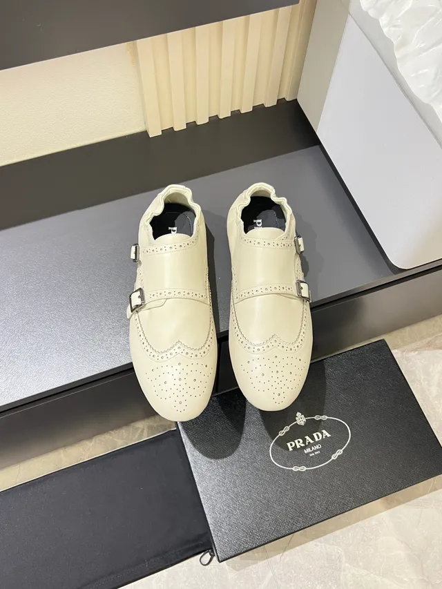 White Double Monk Strap Brogue Leather Monk Shoes