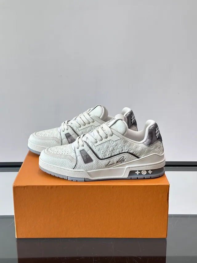 Louis Vuitton LV Trainer White Silver Textured Pebbled Leather Metallic Heel Tab Lifestyle Sneakers