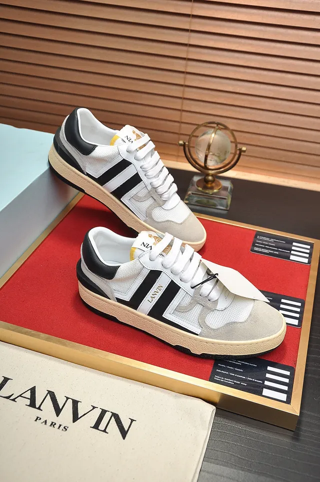 Lanvin White Black Mixed-Material Upper Side Stripe Branding Lifestyle Sneakers