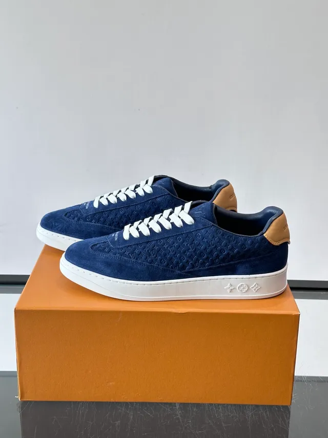Louis Vuitton LV Trainer Navy Beige Monogrammed Suede Tan Heel Tab Lifestyle Sneakers