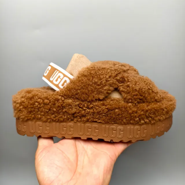UGG Tasman Chestnut Brown Plush Shearling Cross-Strap Slippers