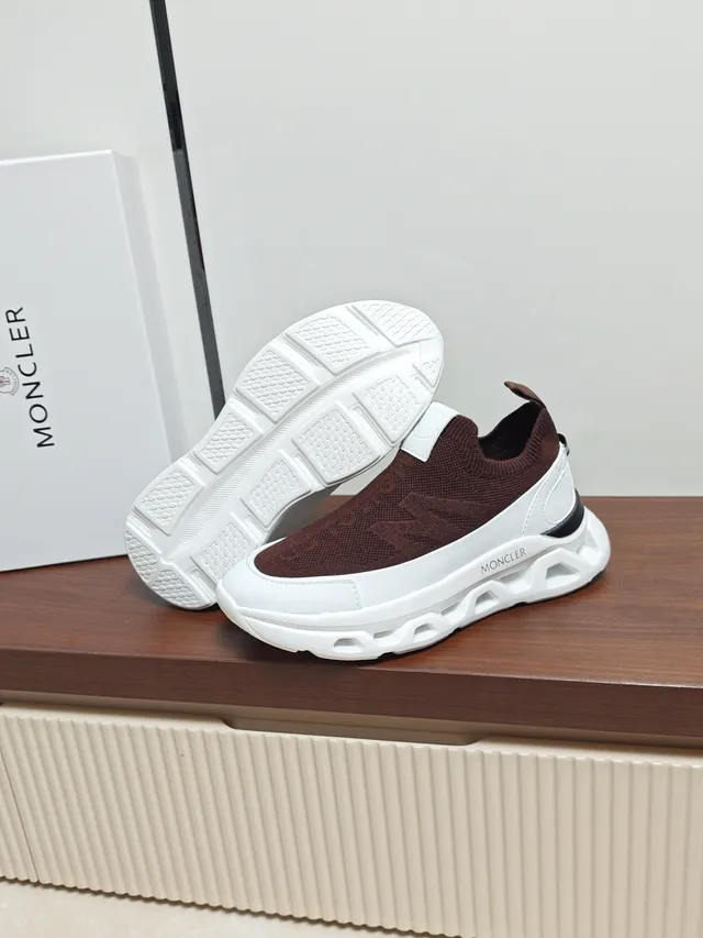 Moncler Brown White Slip-On Knit Upper Sculpted Midsole Lifestyle Sneakers