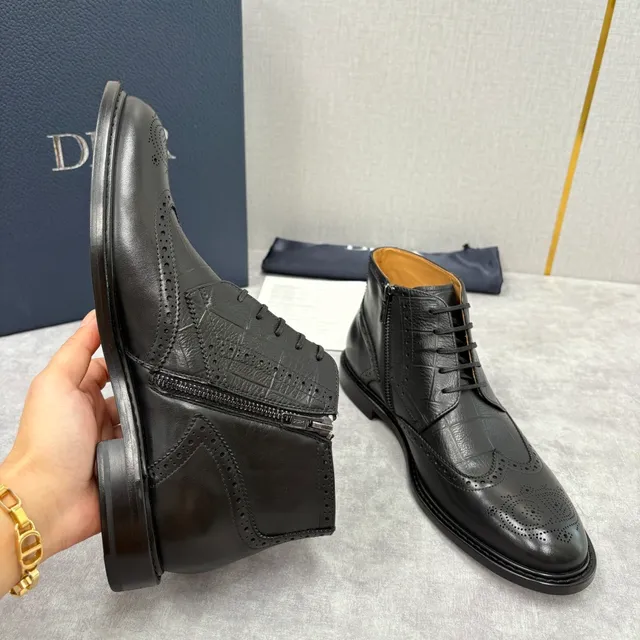 Dior Black Beige Brogue-Toe Crocodile-Embossed Ankle Boots