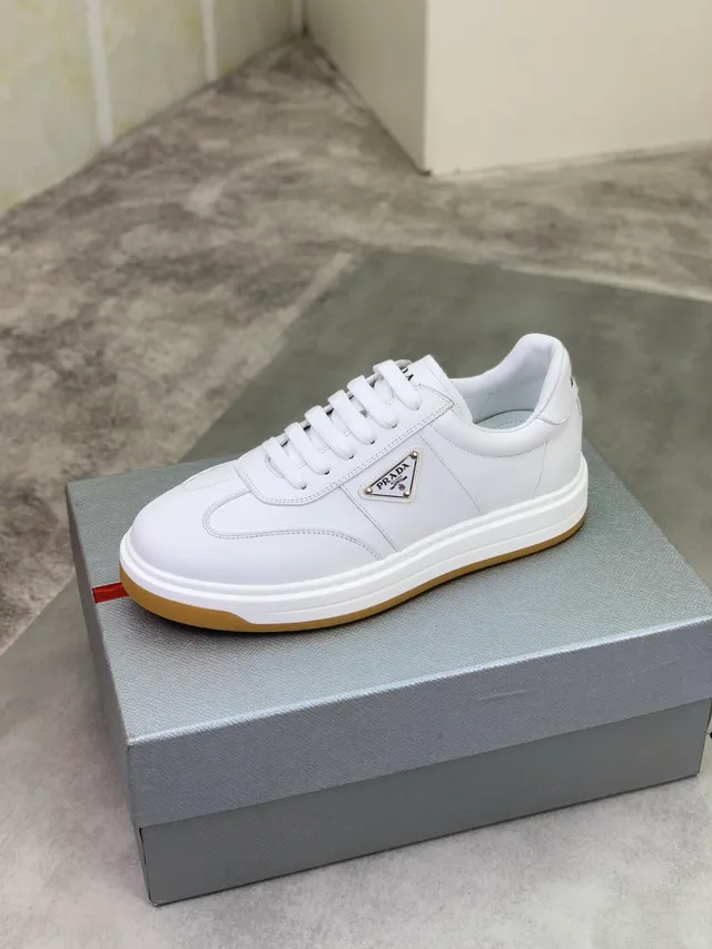 Prada White Beige Leather Triangular Metal Logo Plaque Lifestyle Sneakers