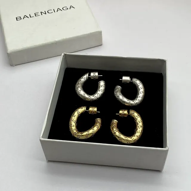 Balenciaga Logo-Embossed C-Hoop Silver Gold Earrings