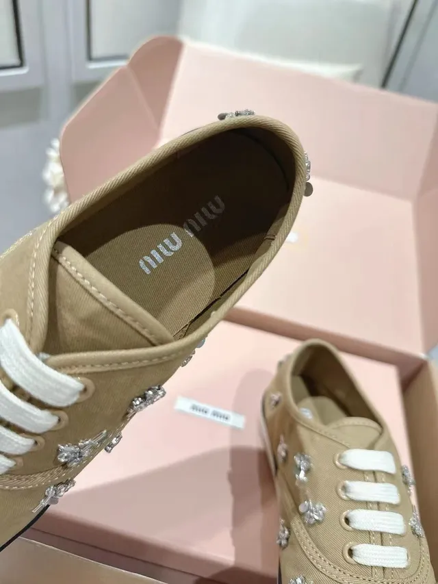 Miu Miu Beige White Embellished Crystal-Floral Sneakers