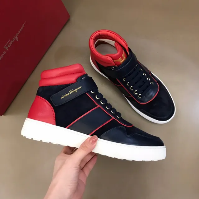 Salvatore Ferragamo High-Top Navy and Red Contrast Piping Sneakers